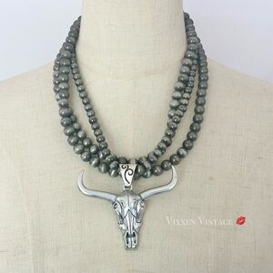 Vintage Gray Beaded Necklace with Silver Bull Skull Pendant